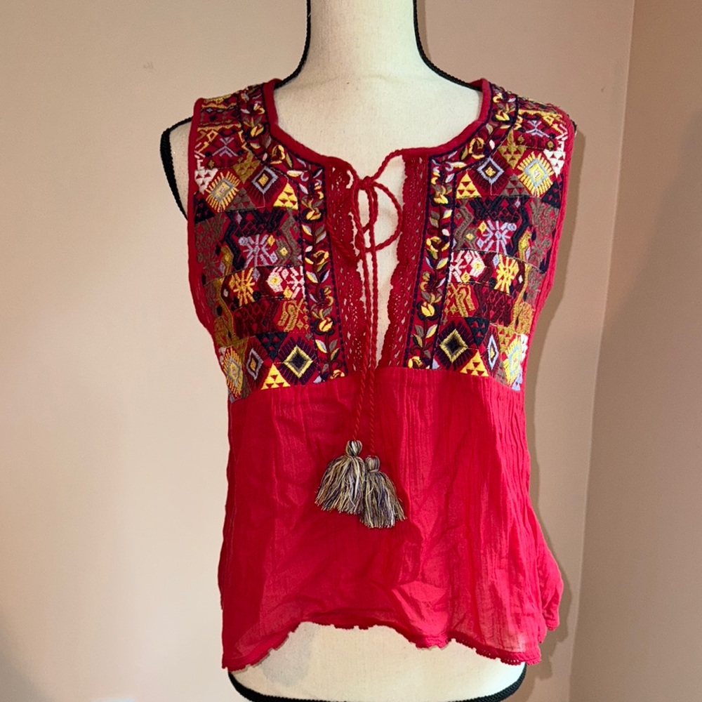 Free People Embroidered Red Sleeveless Top